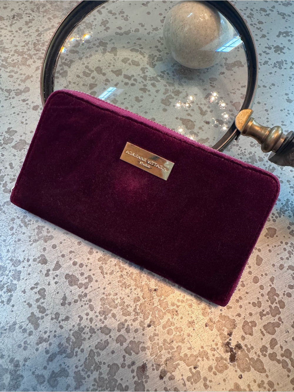 Adrienne Vittadini Burgundy Velvet Zip Wallet with Gold Plaque